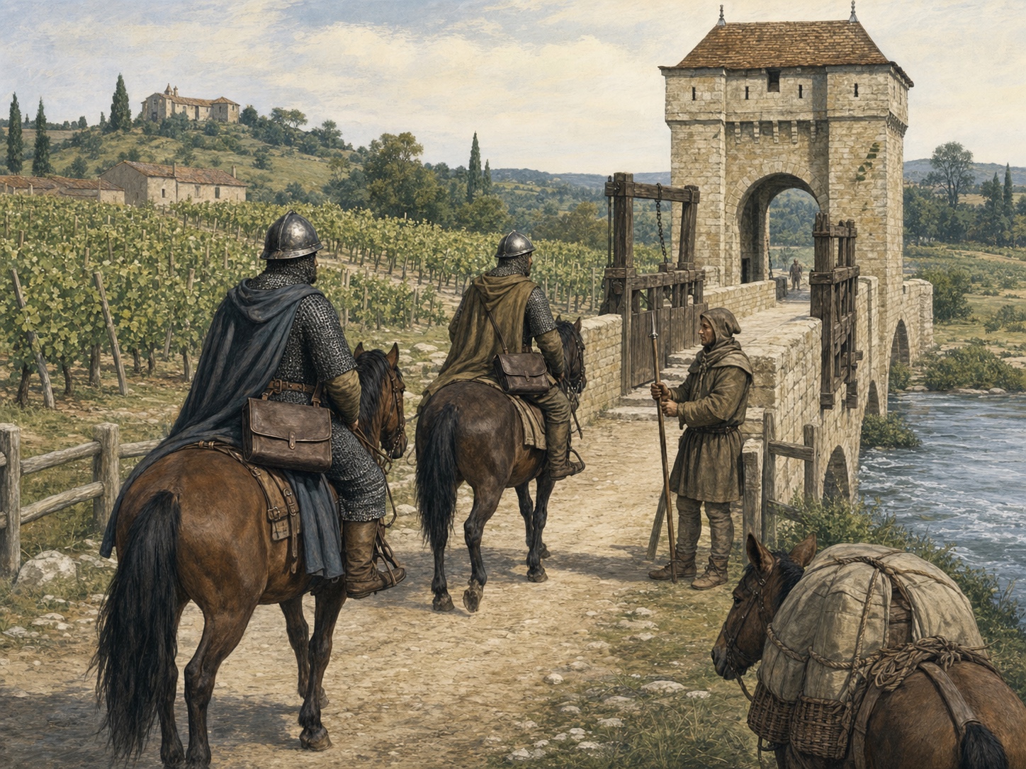 In early-1330s Guyenne, mounted royal messengers with closed plain leather satchels cross a feudal checkpoint on a stone river bridge