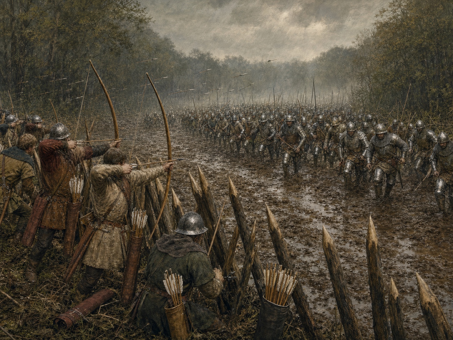 English longbowmen shoot from behind stakes as French men-at-arms advance across the narrow muddy field at Agincourt in 1415