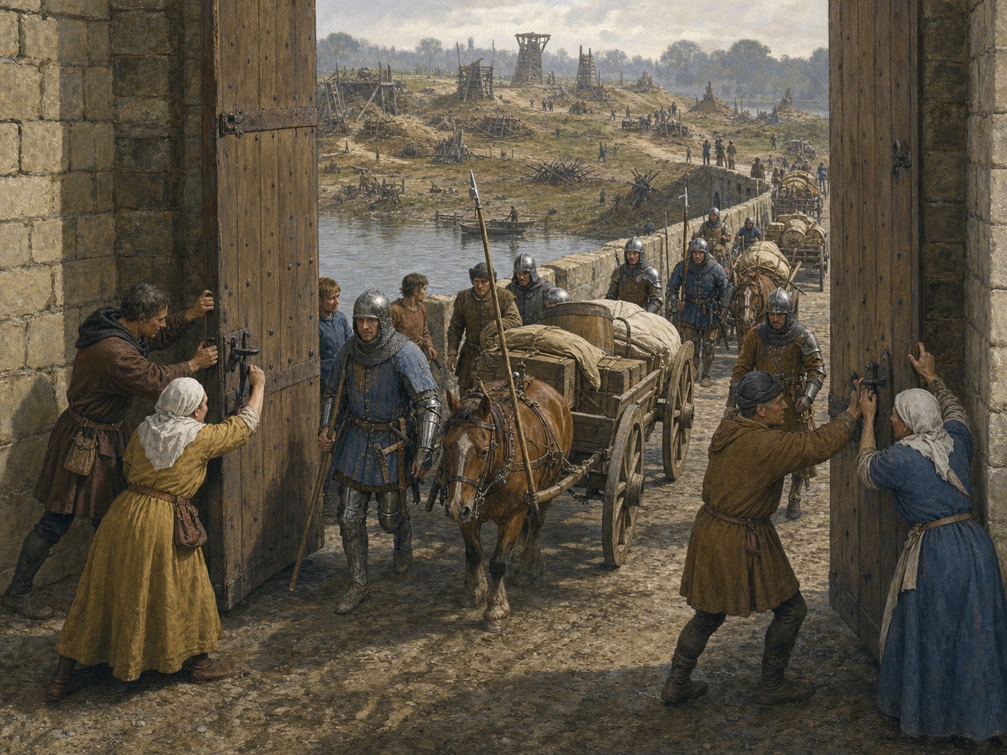 At the Orléans river gate in spring 1429, townspeople open the gate to admit French relief troops and supply carts