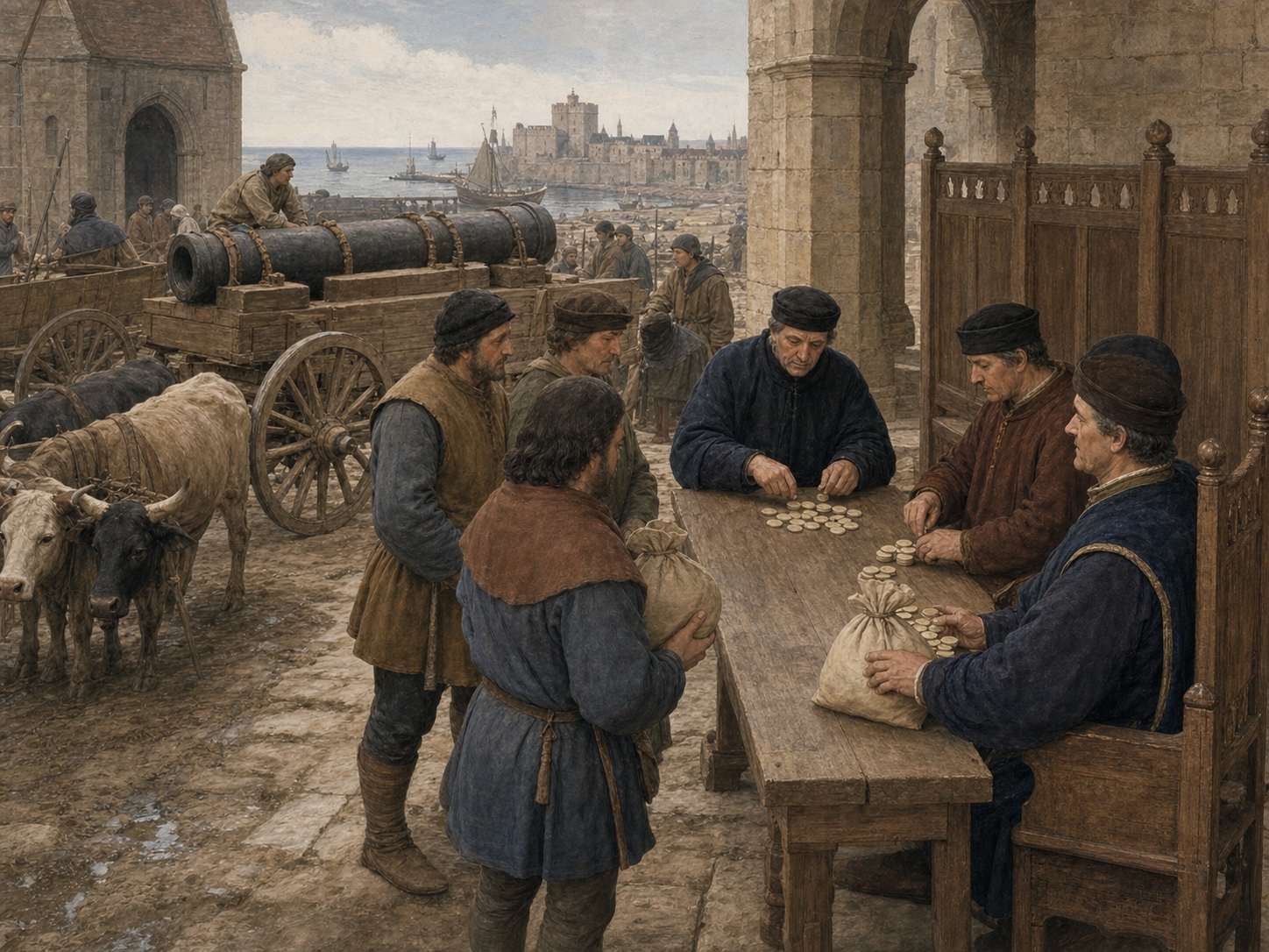 After the campaigns in 1453–1455, royal officers receive revenue from town representatives beside ox carts carrying a secured hoop-reinforced bombard as freight