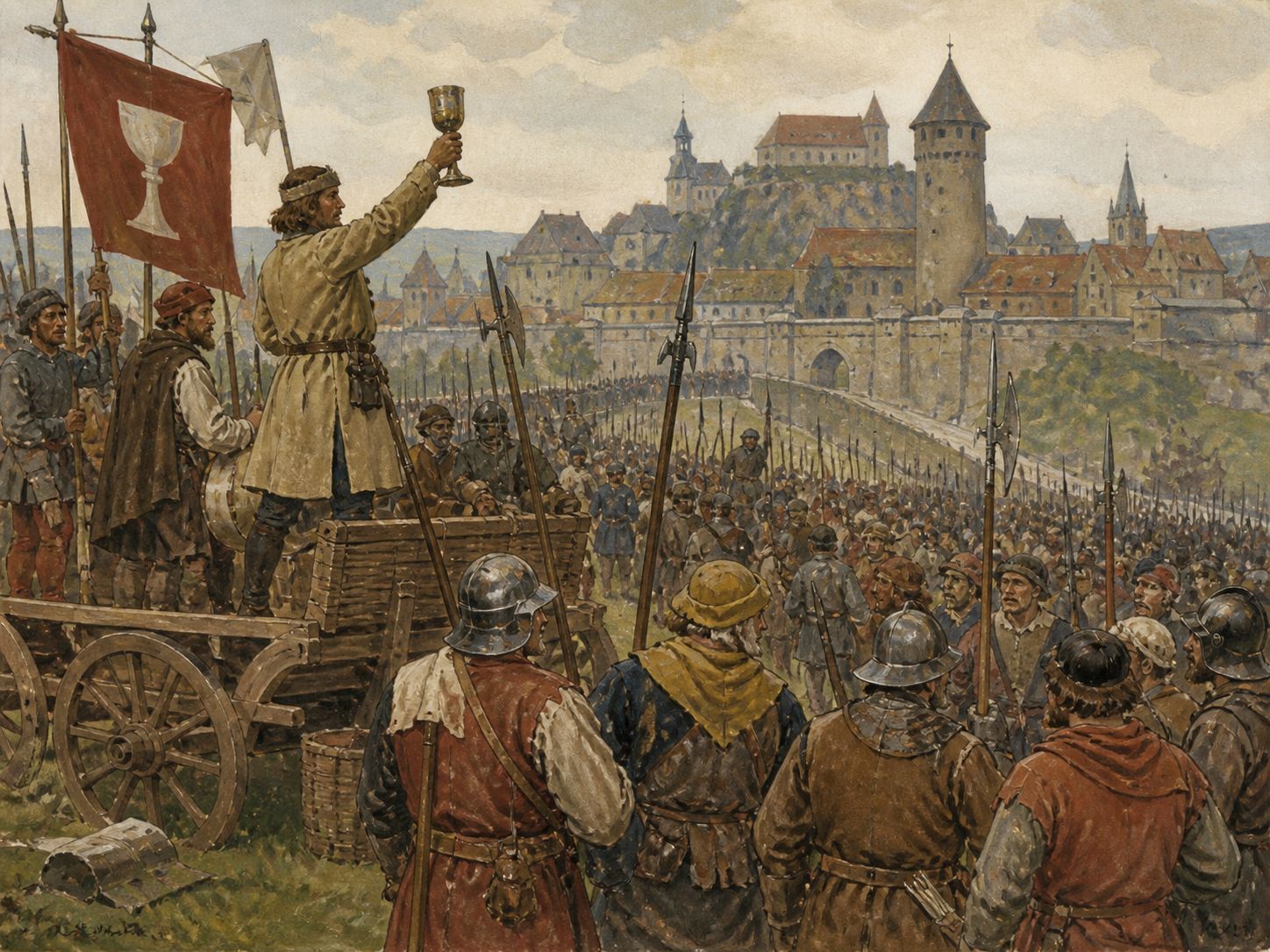 Historical reconstruction of Hussite Wars's central action: Radicals including the Taborites divided from moderates and used wagon forts and infantry to repel crusading armies.