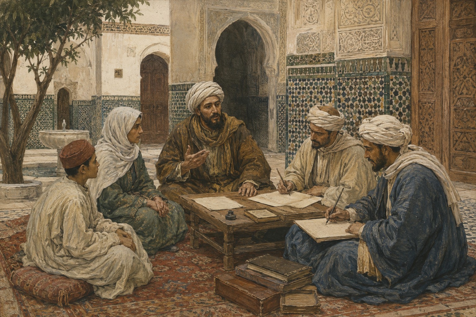 A returning traveler, family, and scribes sharing observations in a Moroccan city