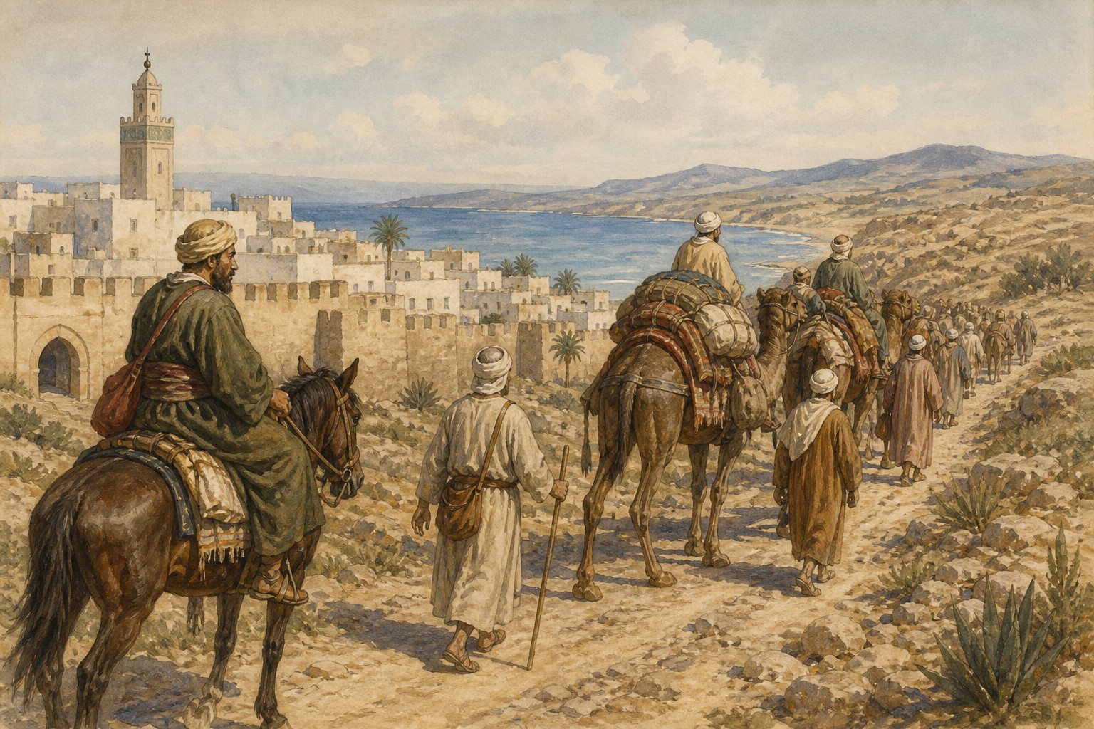 A caravan moving along a North African road toward Mecca in 1325