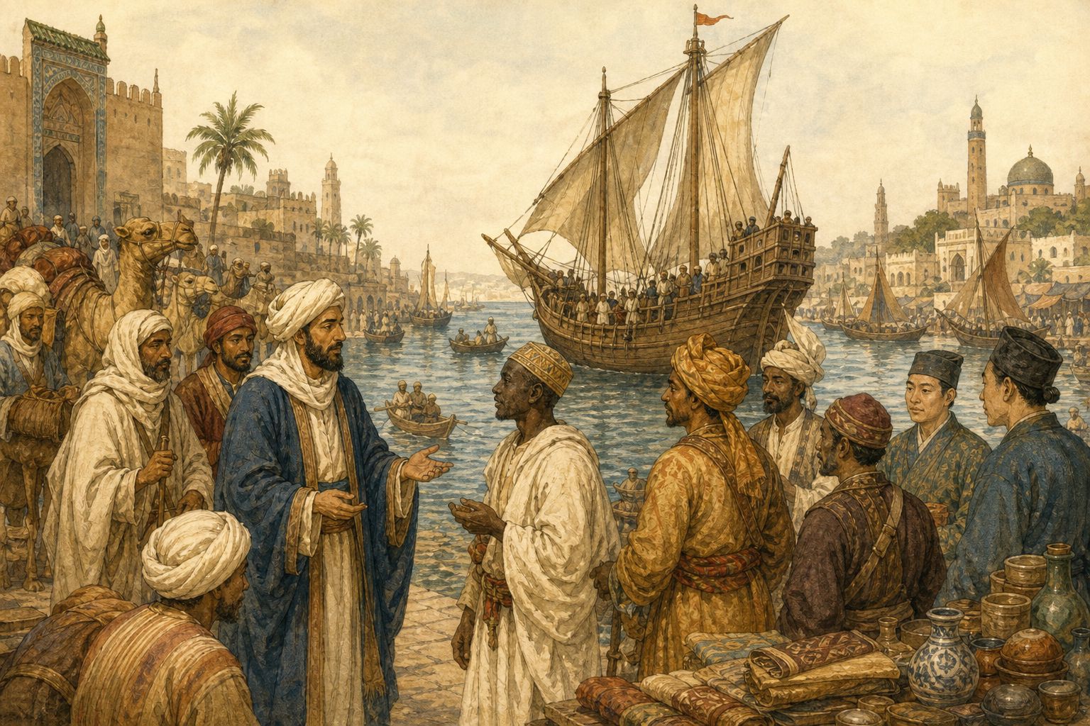 Travelers from different regions meeting at an Indian Ocean port during a medieval voyage