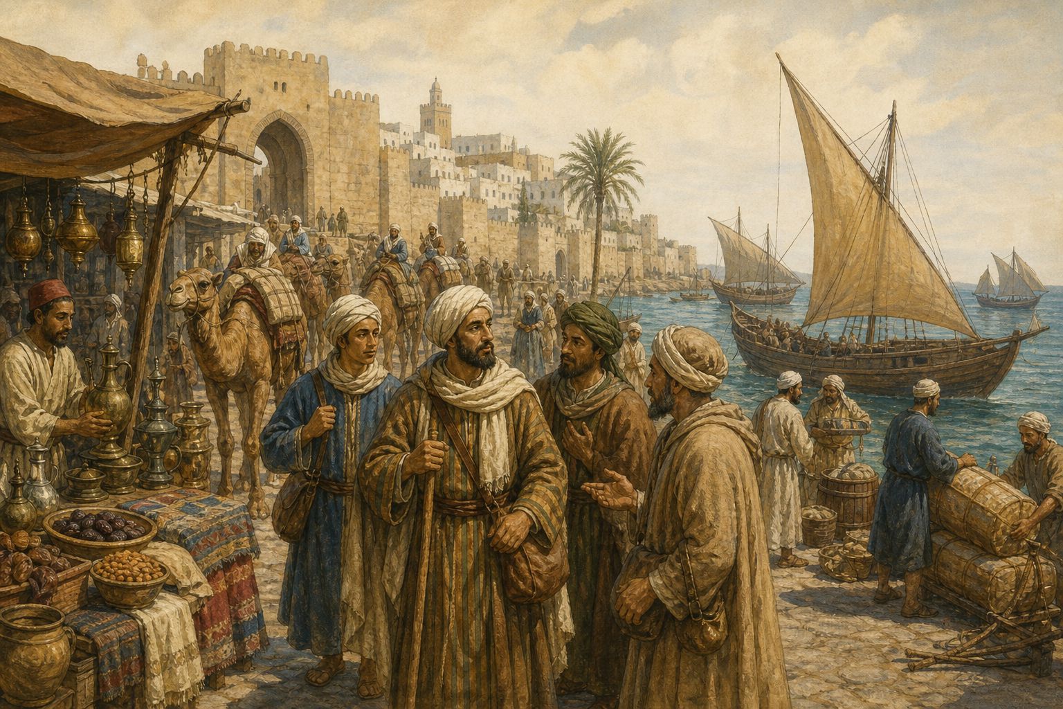 Pilgrims and pack animals moving through a Tangier market and port before the journey