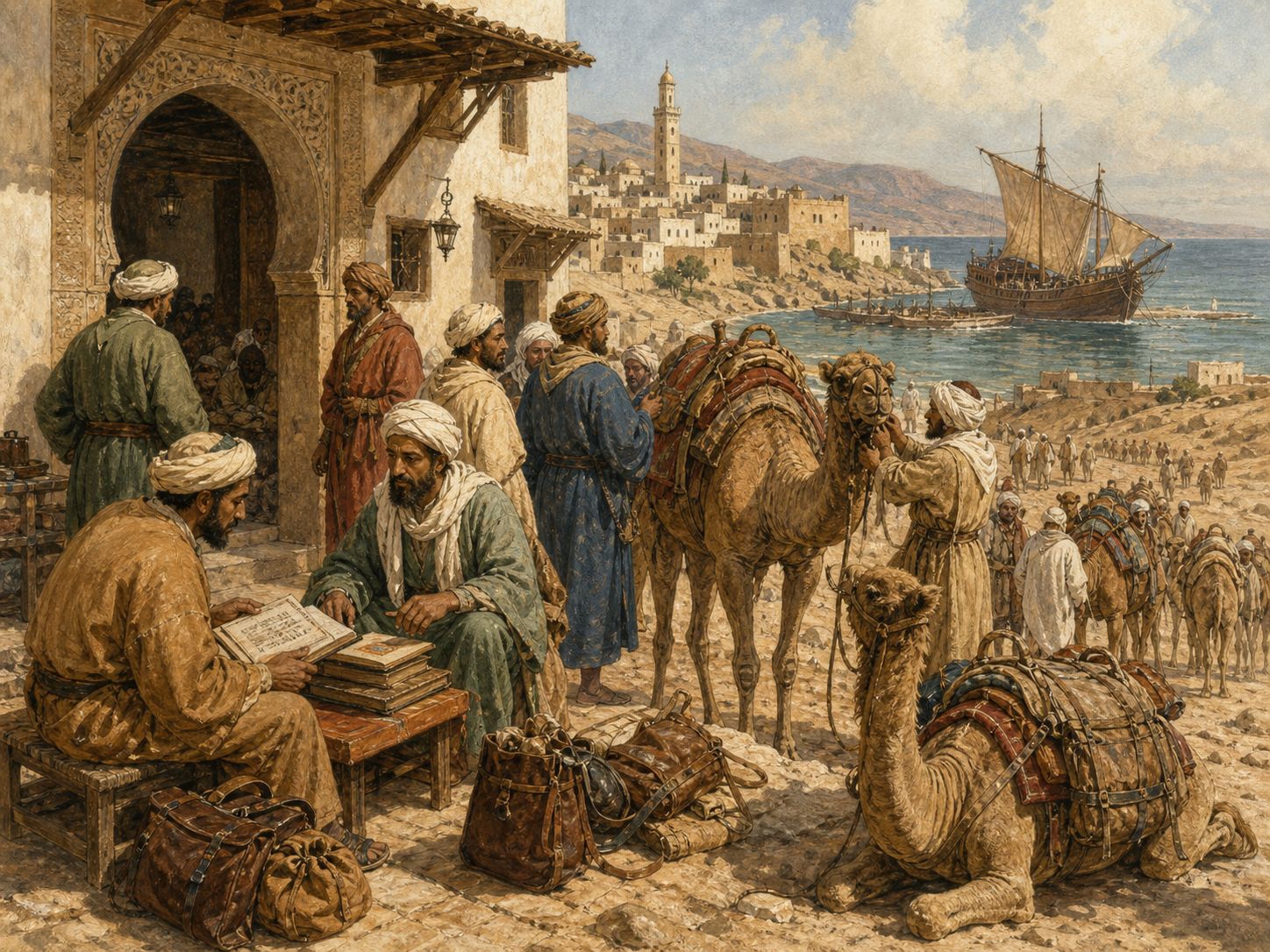 Travelers preparing for pilgrimage and departure at a North African caravan hostel