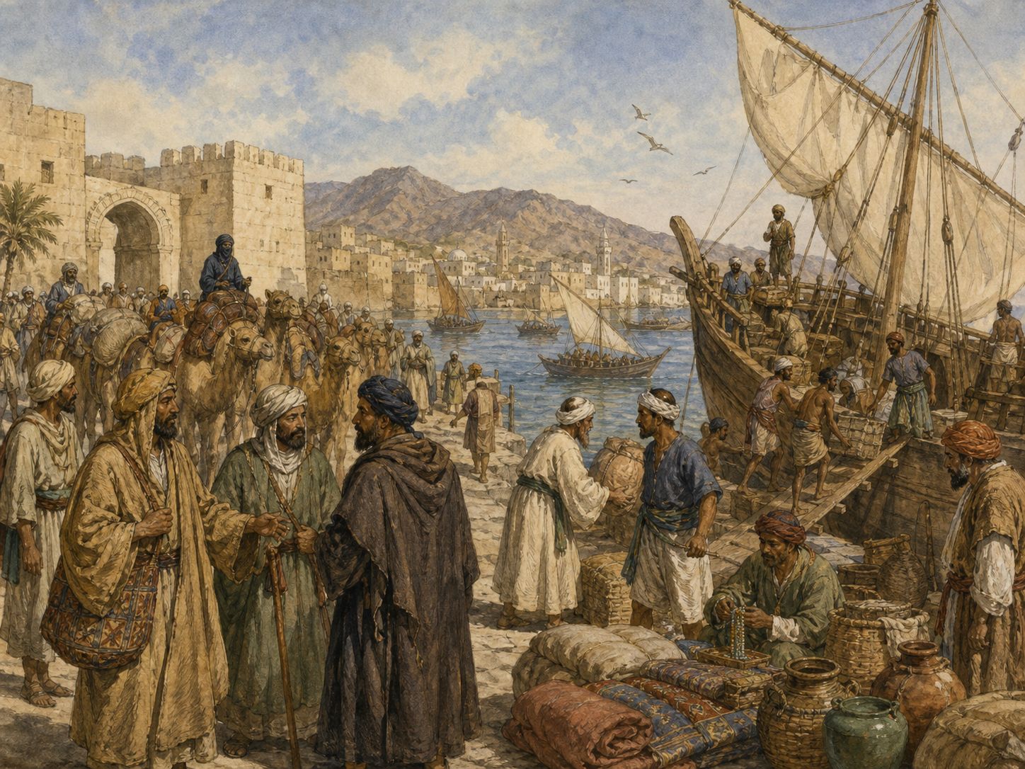 Travelers exchanging goods and knowledge while changing between caravan and sailing routes at a Red Sea port