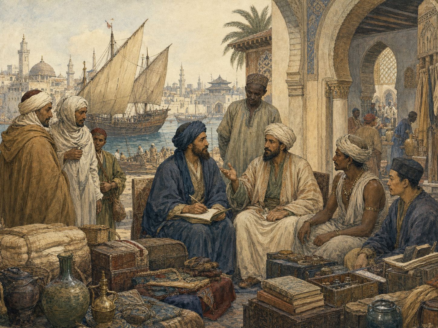 A traveler sharing observations with local people in an Indian Ocean city courtyard