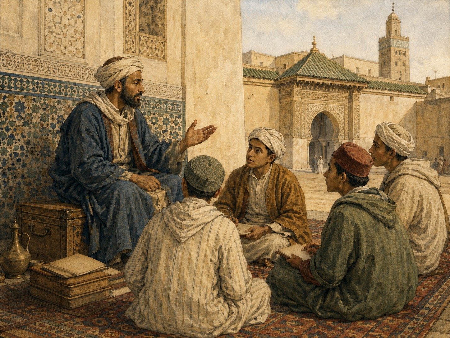 A returning traveler passing memories of distant journeys to young scholars in Morocco