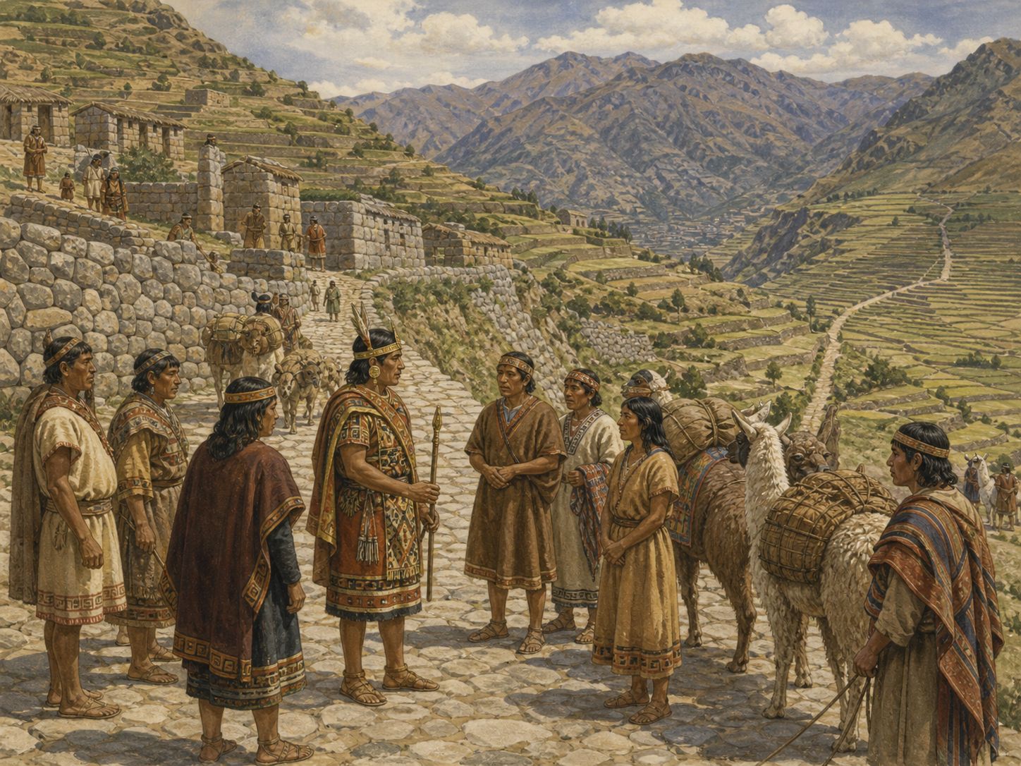 Historical reconstruction of Expansion of the Inca Empire's central action: After Pachacuti, the Inca state integrated a vast Andean region through roads, storehouses, and administrative divisions.