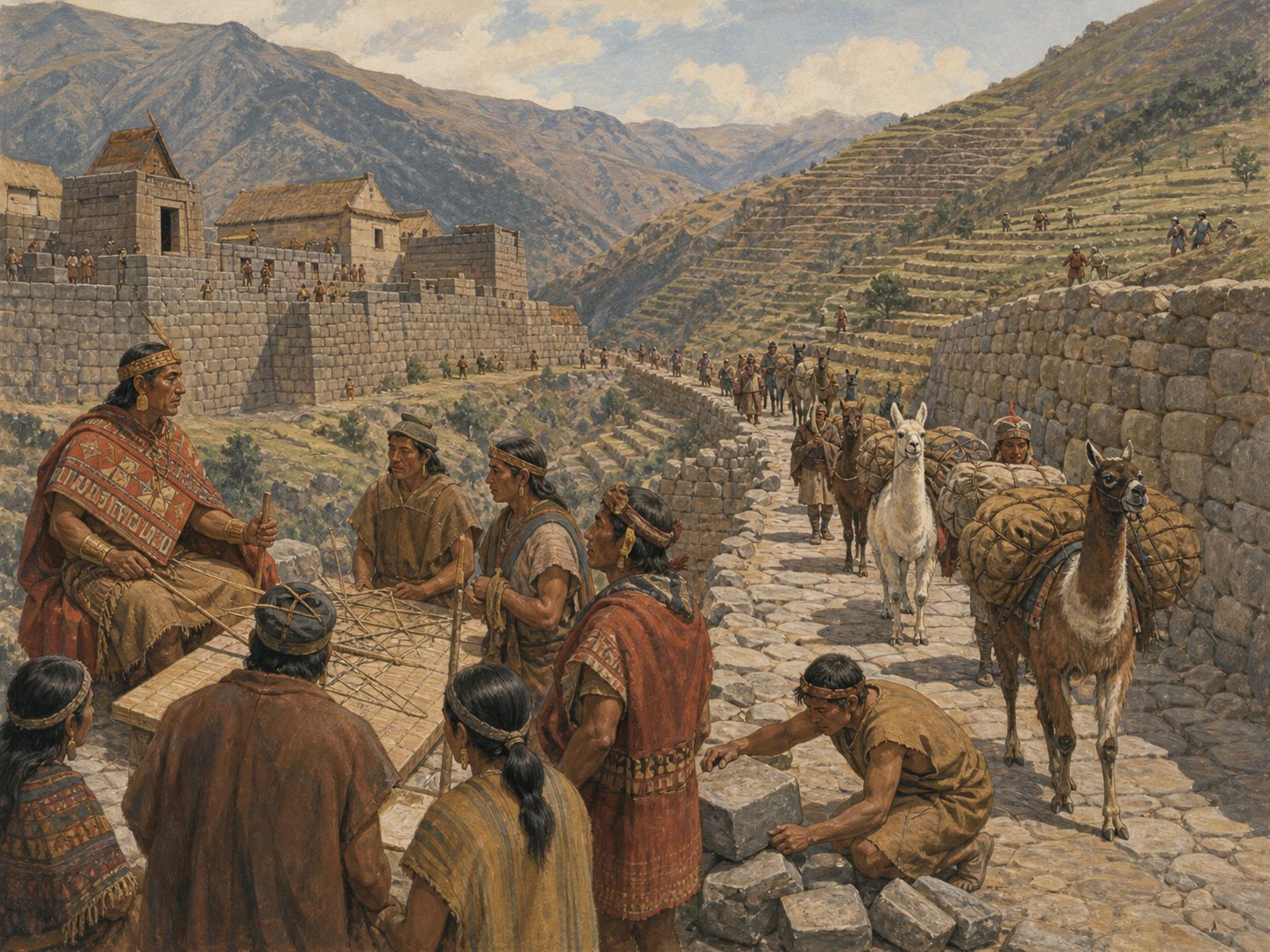 Historical reconstruction of Expansion of the Inca Empire's immediate aftermath: It became a major historical example of large-scale governance and roads without a writing-based bureaucracy.
