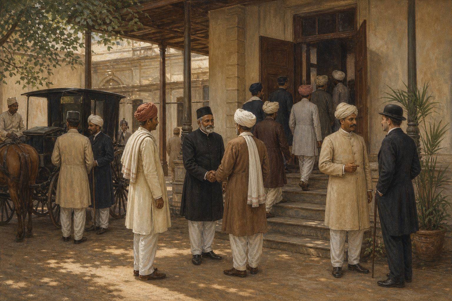 Delegates greet one another in a Bombay courtyard and walk toward the meeting entrance in December 1885
