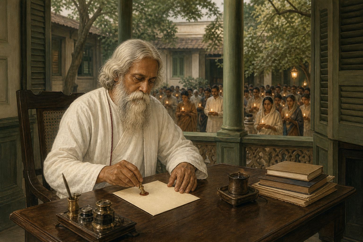 A white-haired figure seals a blank letter at a Bengal writing desk while a quiet gathering is visible beyond the veranda in 1919