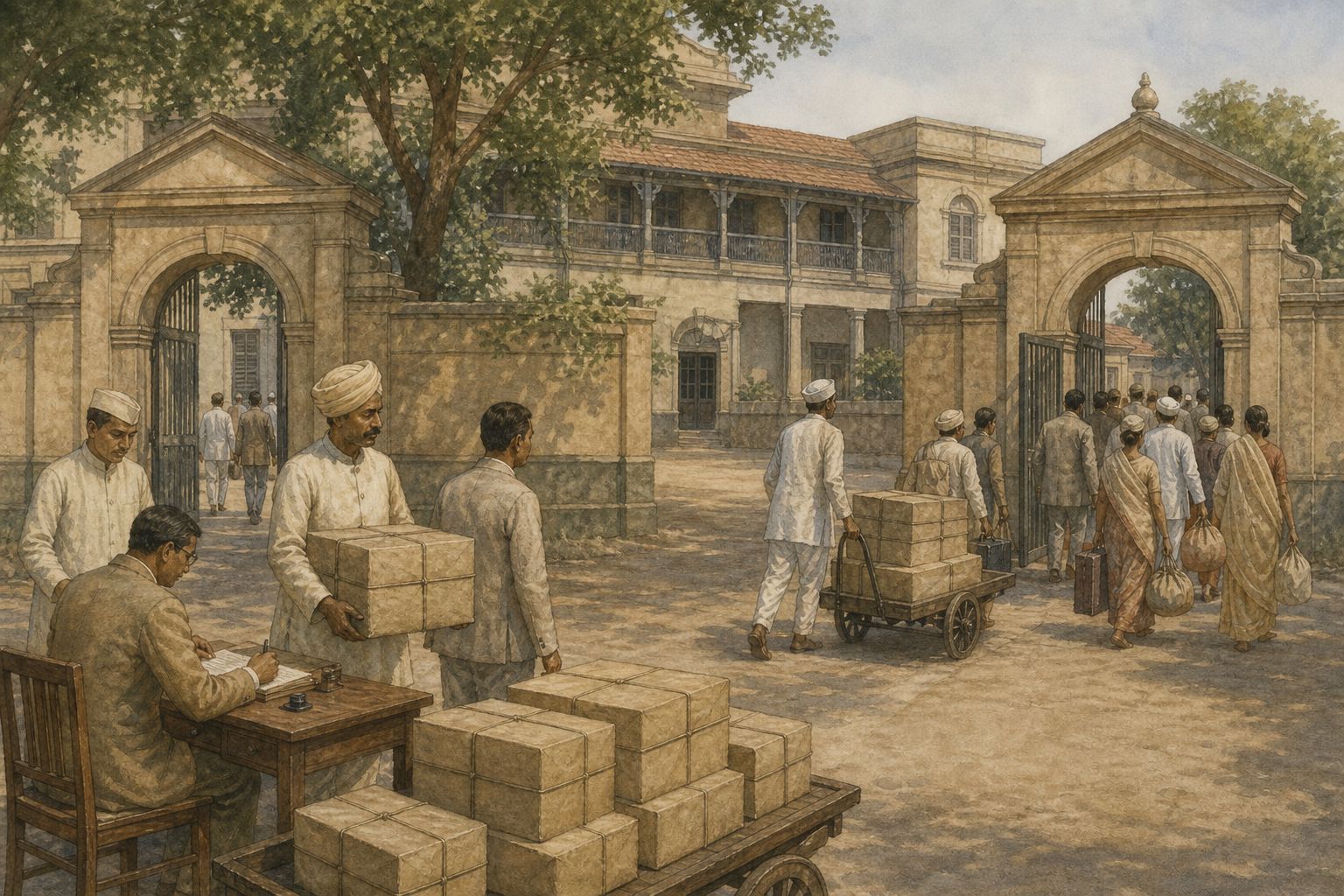 Civil servants move boxes as travelers walk toward the gates of a government courtyard in August 1947