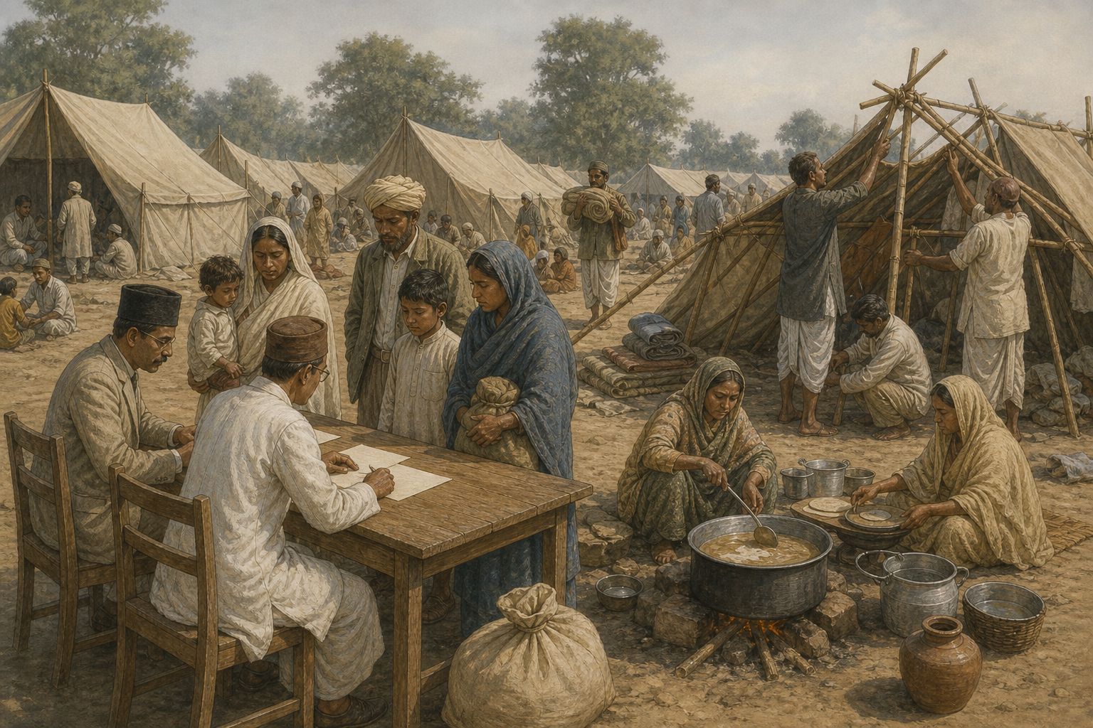 Relief workers register families while residents build shelters and prepare food in a South Asian settlement in late 1947