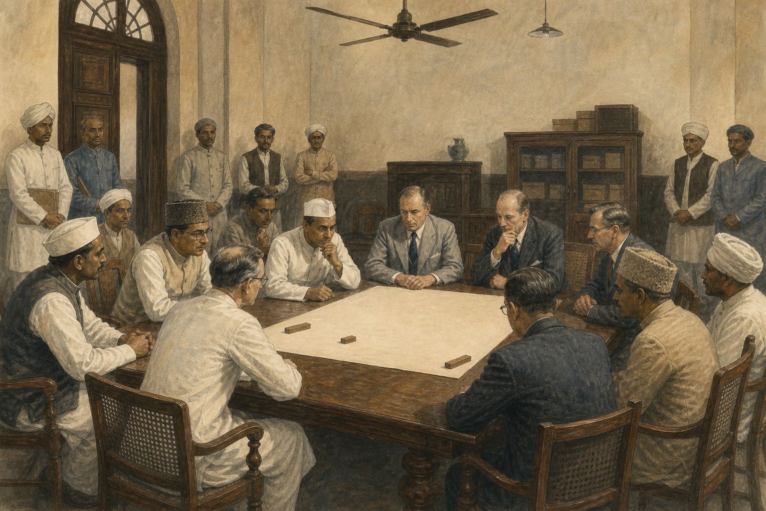 Indian and British representatives confer around a blank planning sheet in a meeting room in 1946