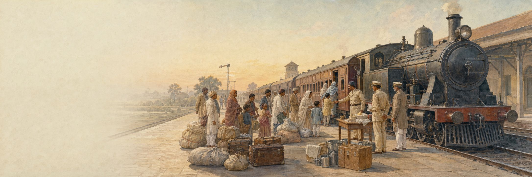 Families with packed belongings wait beside a steam train as a relief worker guides movement at a Punjab station in 1947