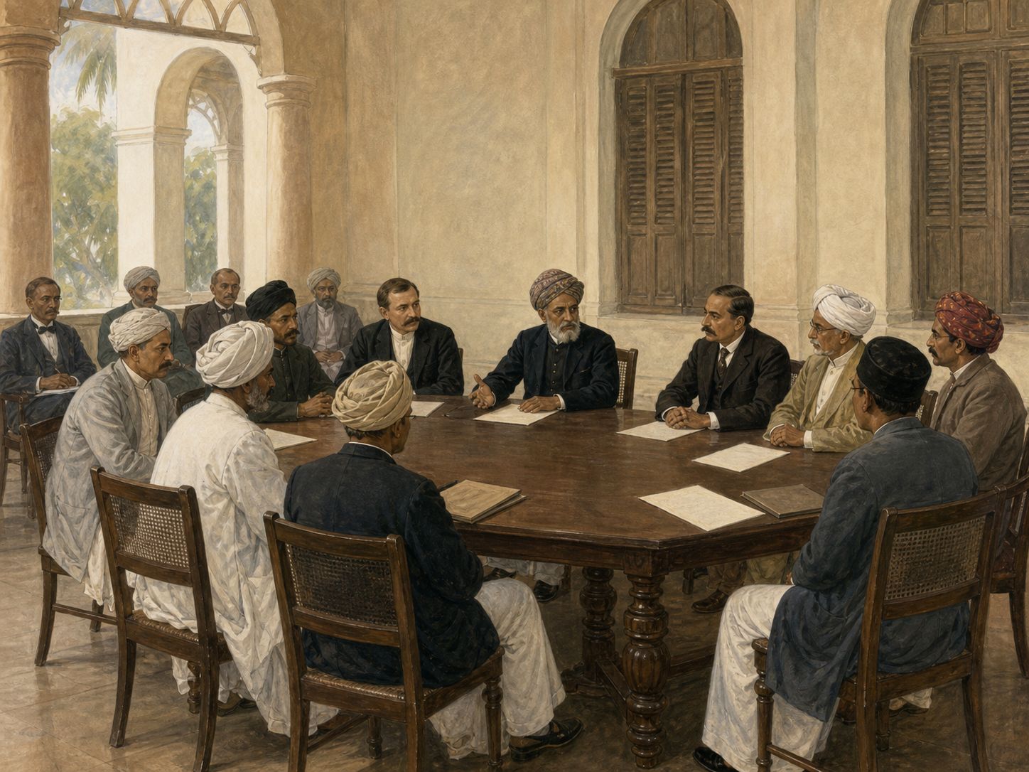Delegates from several regions exchange views around a central table in a Bombay meeting hall in 1885