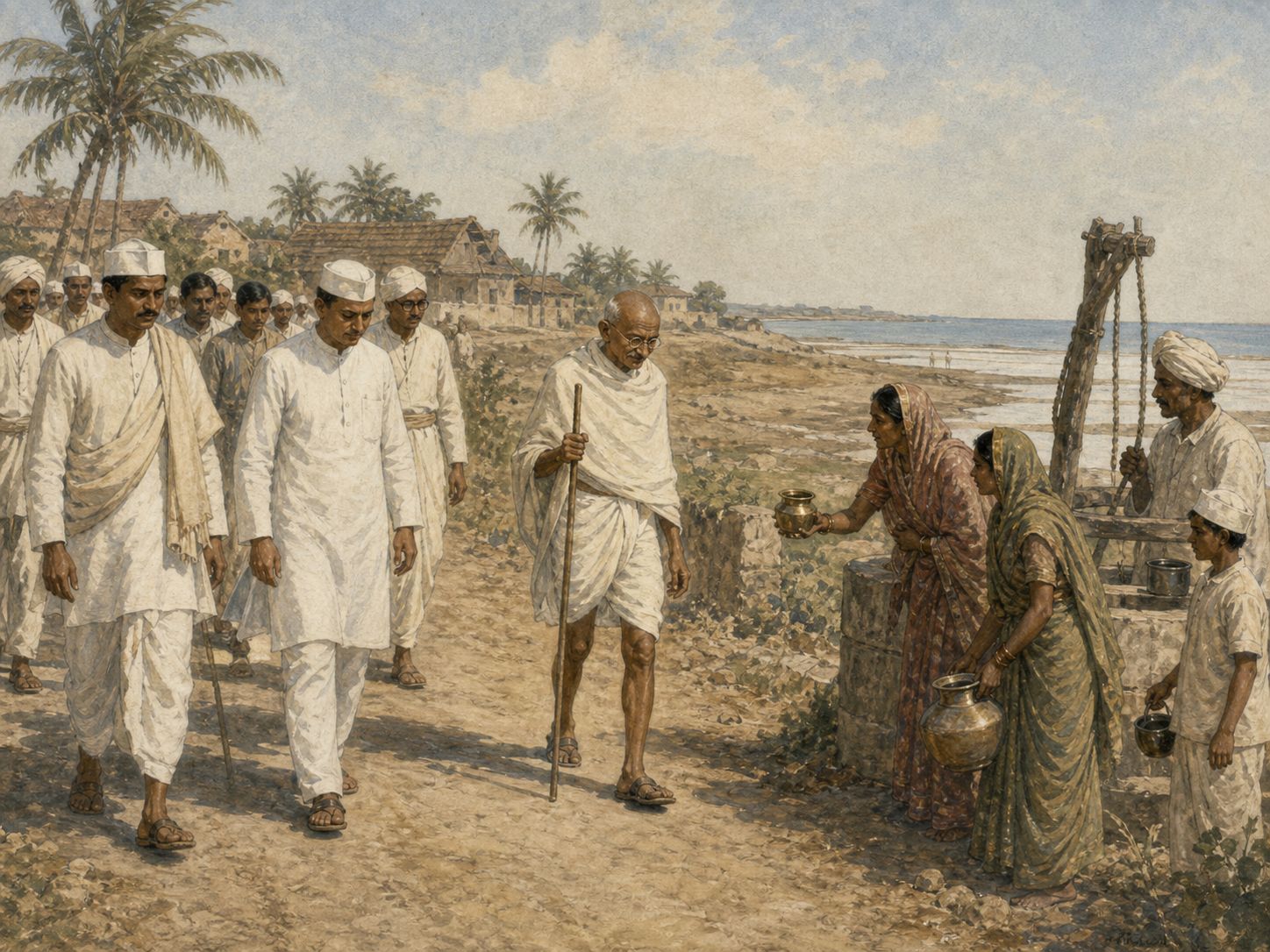 A group walks along a Gujarat coastal road as villagers offer water in 1930