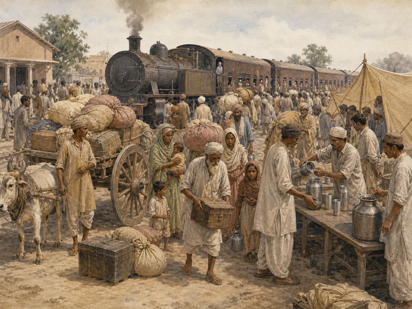 Families carry belongings beside a train while relief workers distribute water in Punjab in 1947