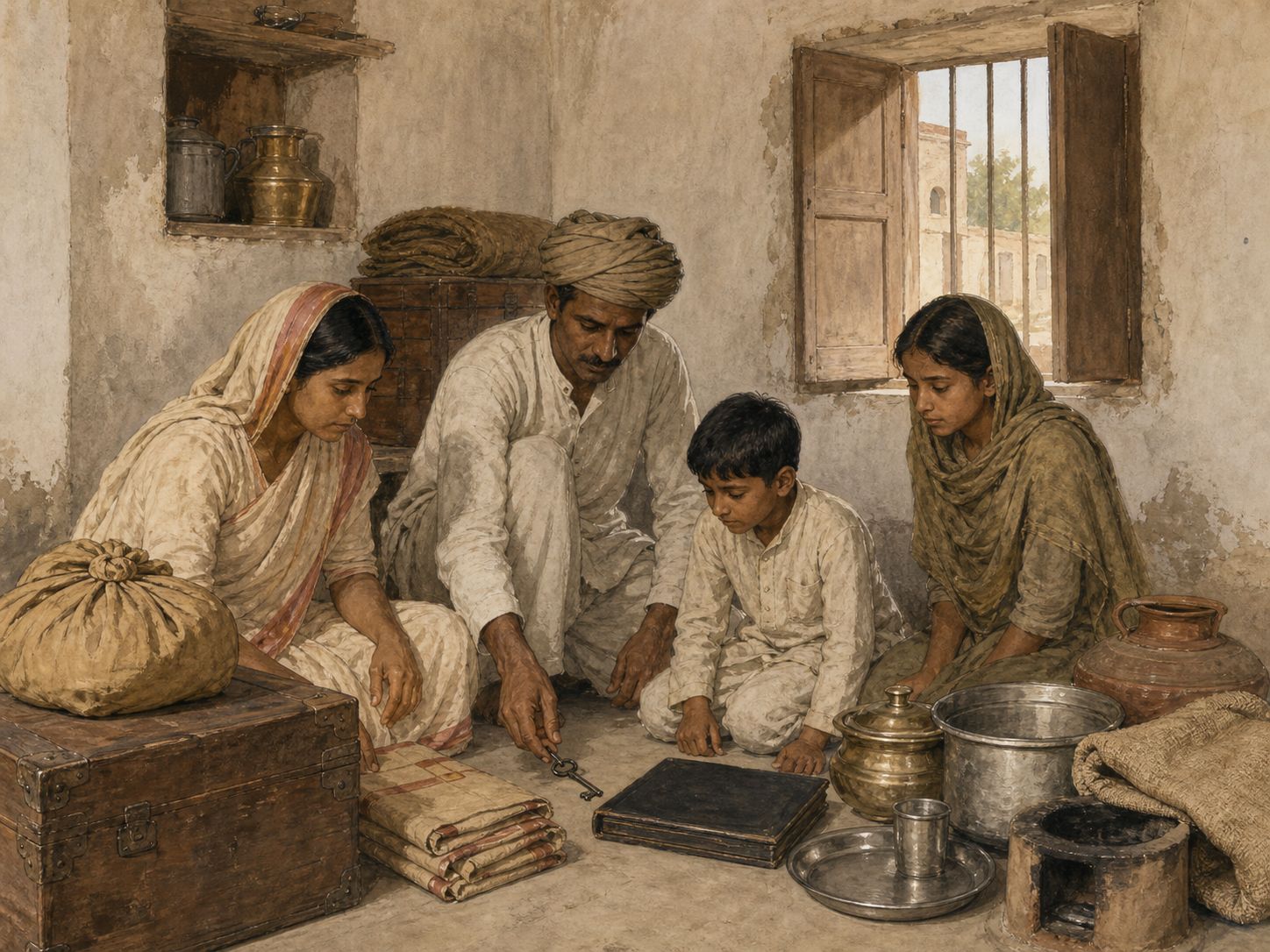 A family gathers around an old key, a closed photograph album, and cooking vessels in a simple resettlement room in late 1947