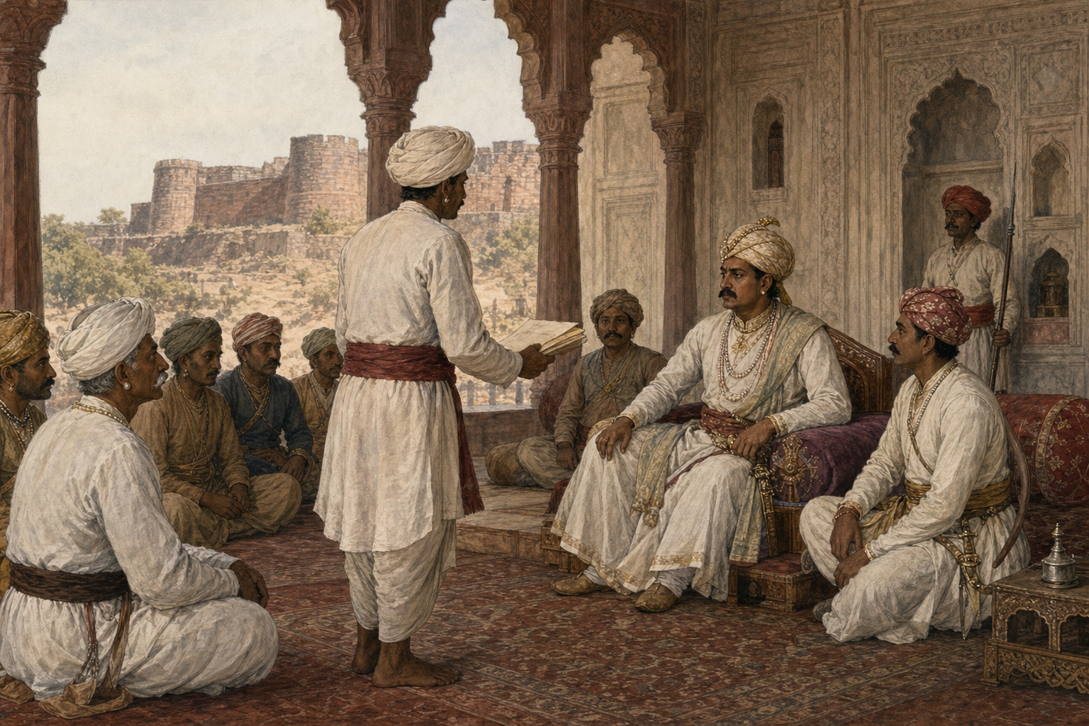 In the Jhansi court from 1848 to 1856, a messenger presents fully folded unmarked notice papers as local rulers and retainers receive news of Company annexation