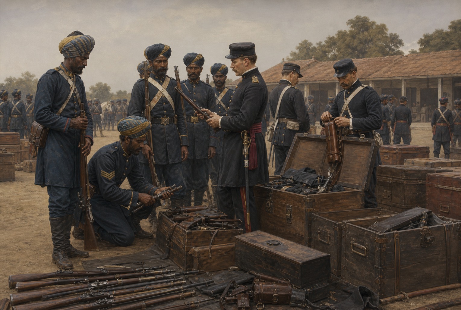 At an Indian Army equipment ground during the 1858 reorganization, Indian soldiers in turbans and British soldiers in soft caps inspect rifles, leather equipment, and supply chests under an officer's supervision
