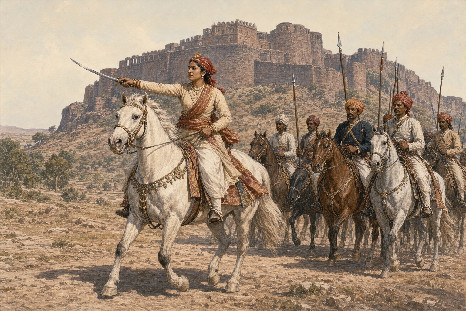 In 1858, Rani Lakshmibai in practical riding dress leads a compact mounted rebel unit across rocky ground before the walls of Jhansi and directs it forward