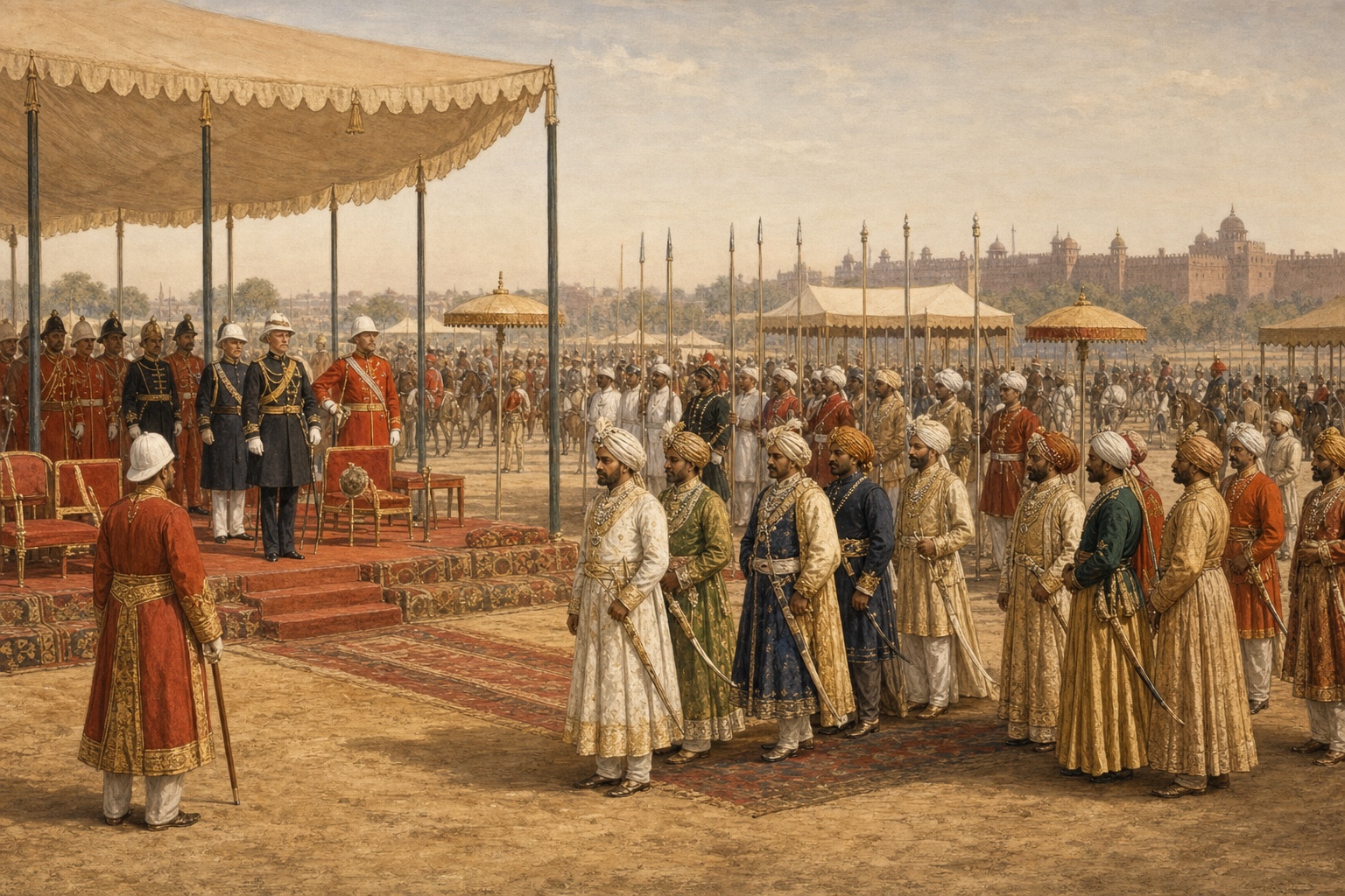At the 1877 Delhi Imperial Assemblage, Indian princes in regionally varied court dress and colonial heralds stand in ordered formation beneath restrained temporary canopies