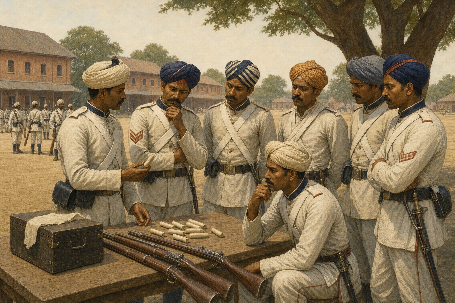 In the Meerut cantonment in 1856–1857, Indian sepoys set down Enfield rifles and confer calmly around plain unopened paper cartridges