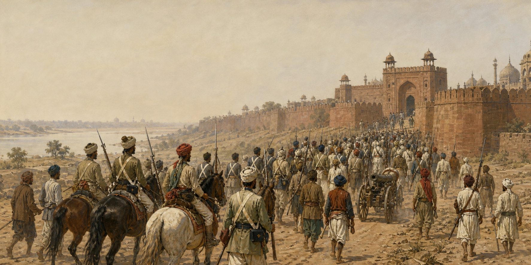 In May 1857, a column of Indian sepoys, civilians, and mounted troops from Meerut advances along the dry Yamuna-side approach toward Delhi's red sandstone fortifications