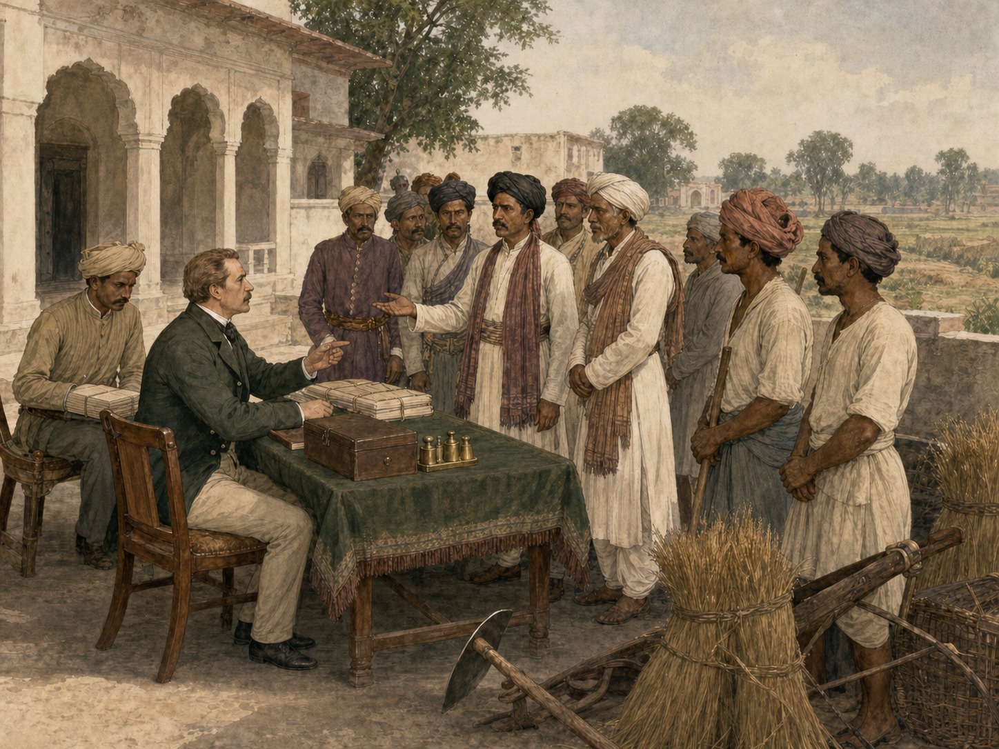 On an annexed Awadh estate in 1856, displaced court retainers and cultivators present land and revenue concerns to a Company officer beside closed account bundles and grain
