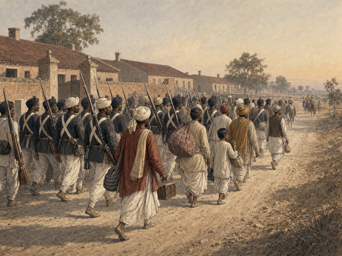 At dawn on 10 May 1857, Indian sepoys and civilians leave the low brick barracks of Meerut cantonment and move together along the dry Delhi road