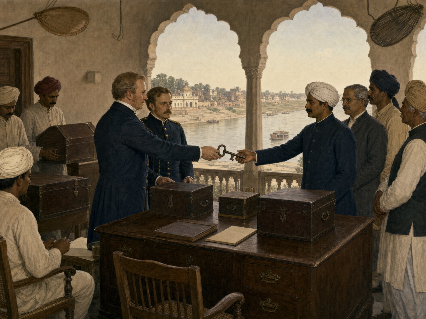 In an 1858 office overlooking the Cawnpore riverfront, British and Indian administrators move closed record chests and an iron key from a Company desk into the new Crown administration