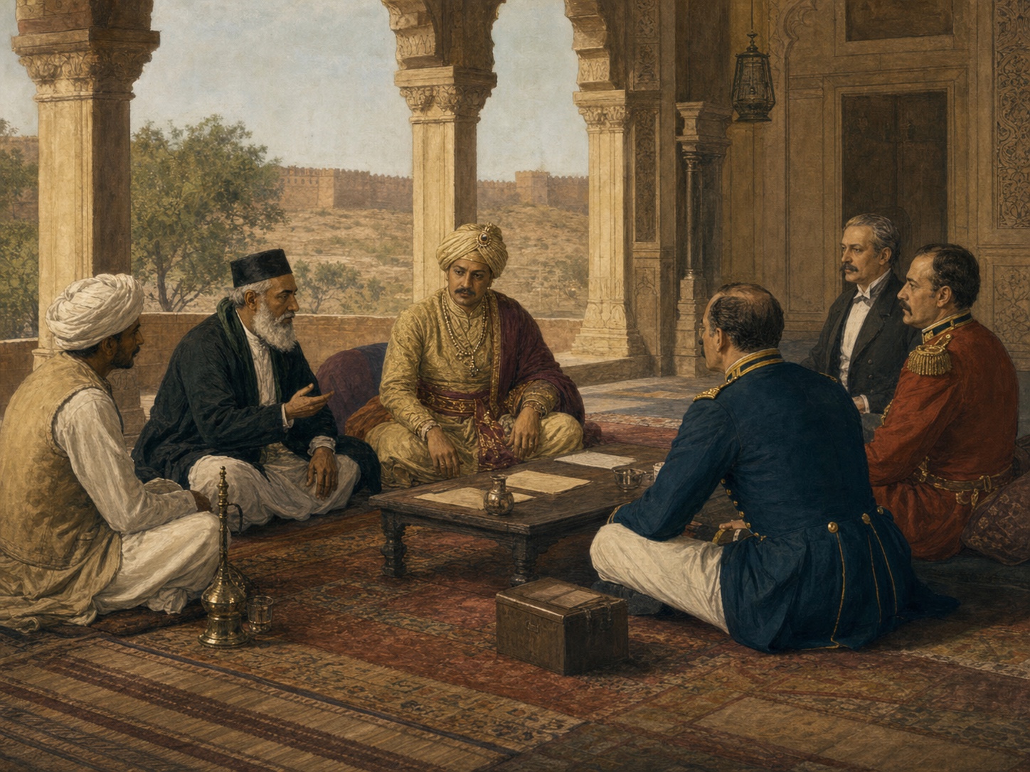 In a central Indian audience room in the 1860s, colonial officials, a princely envoy, and Hindu and Muslim local representatives discuss post-rebellion policy toward princely lands and religious practice
