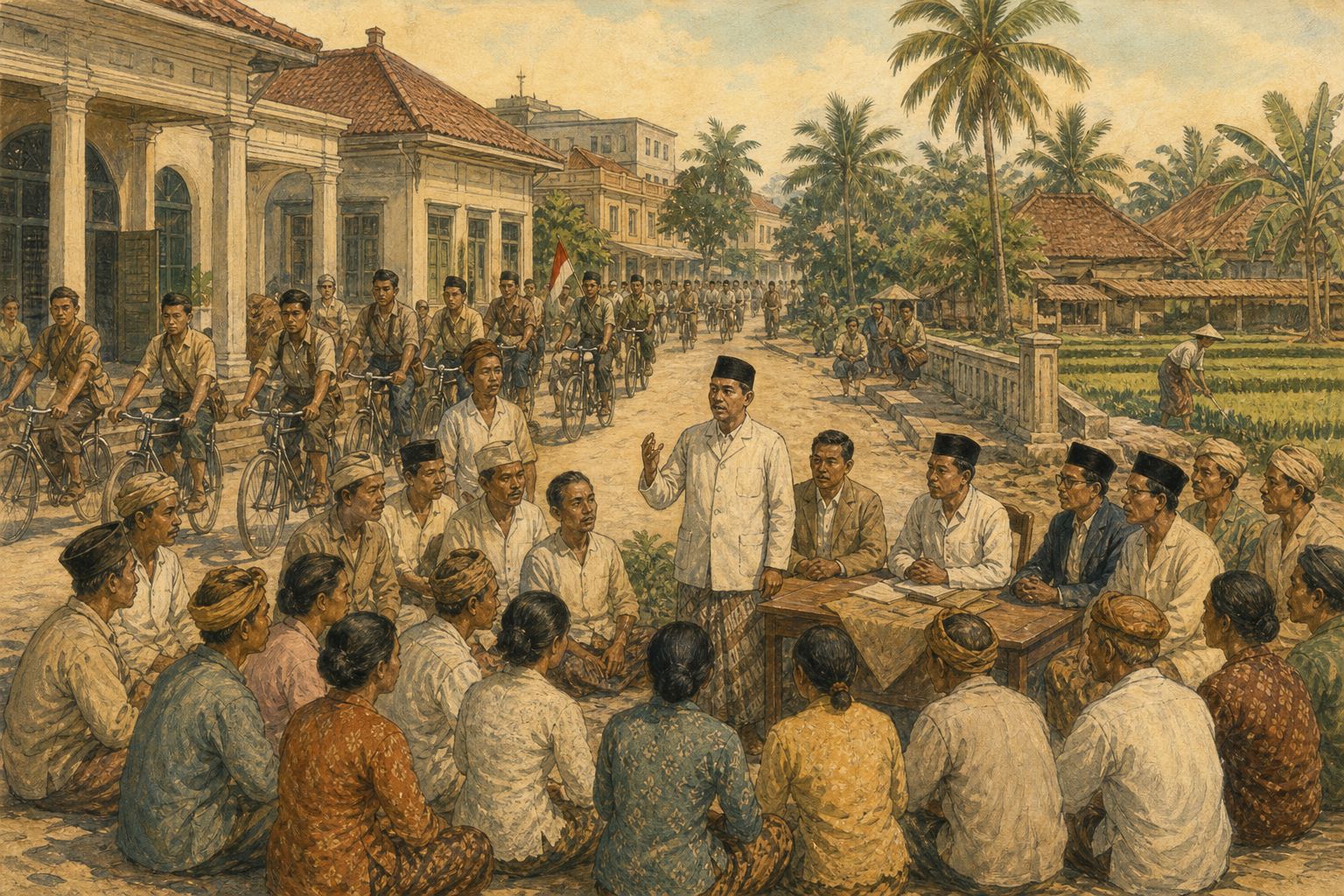 Bicycle units and residents listen to a leader's speech on a Javanese street during the postwar reordering