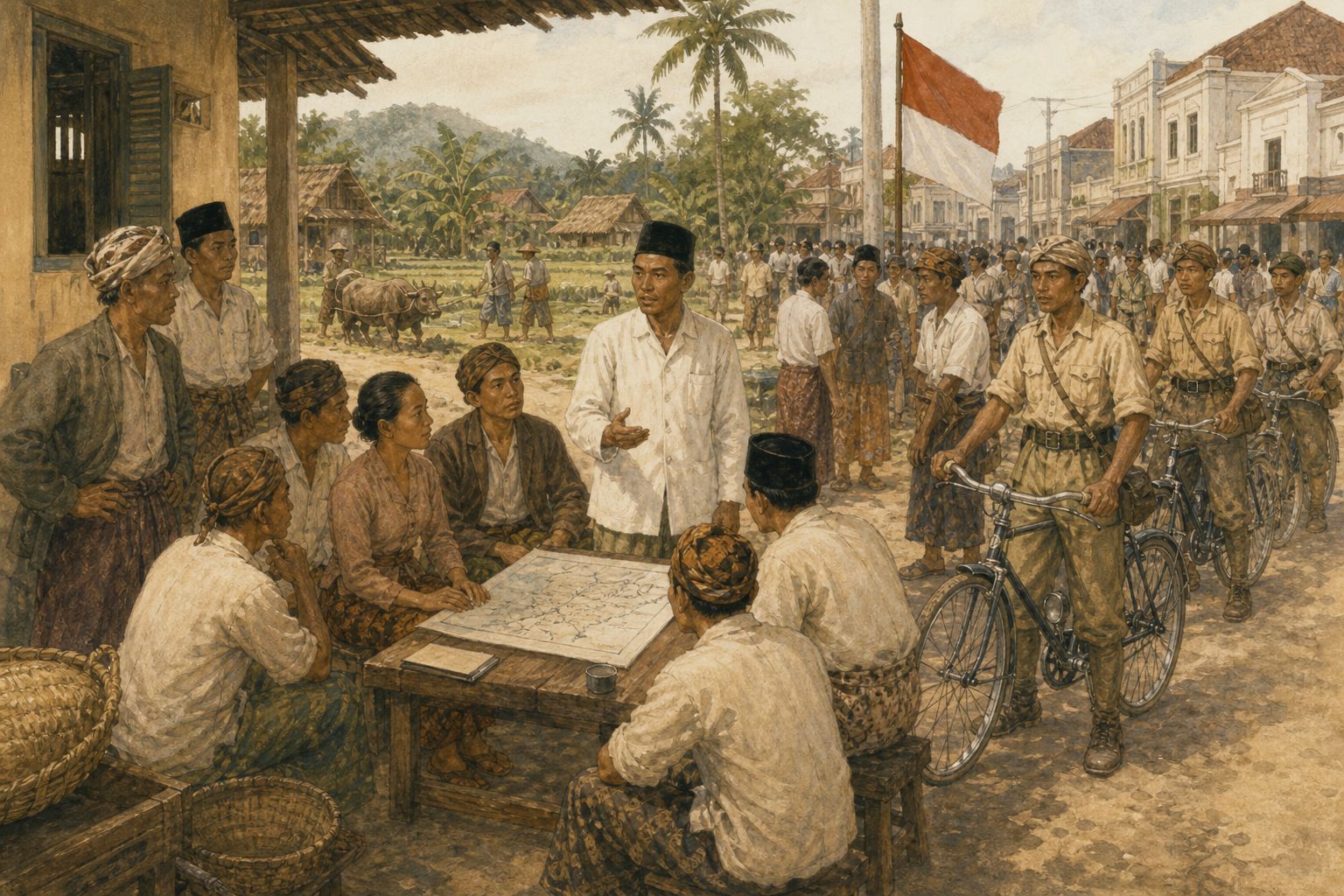 Representatives and bicycle units study a map with villagers as they discuss the independence movement