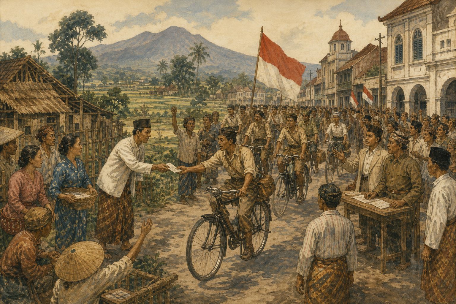 A red-and-white bicycle procession and residents move along a mountain-backed Javanese street during the revolution