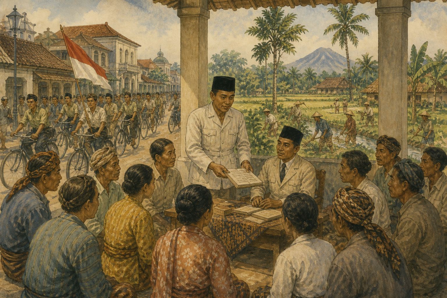 A Sukarno-like leader presents a document while people from a town and rice fields learn about the institutions of independence