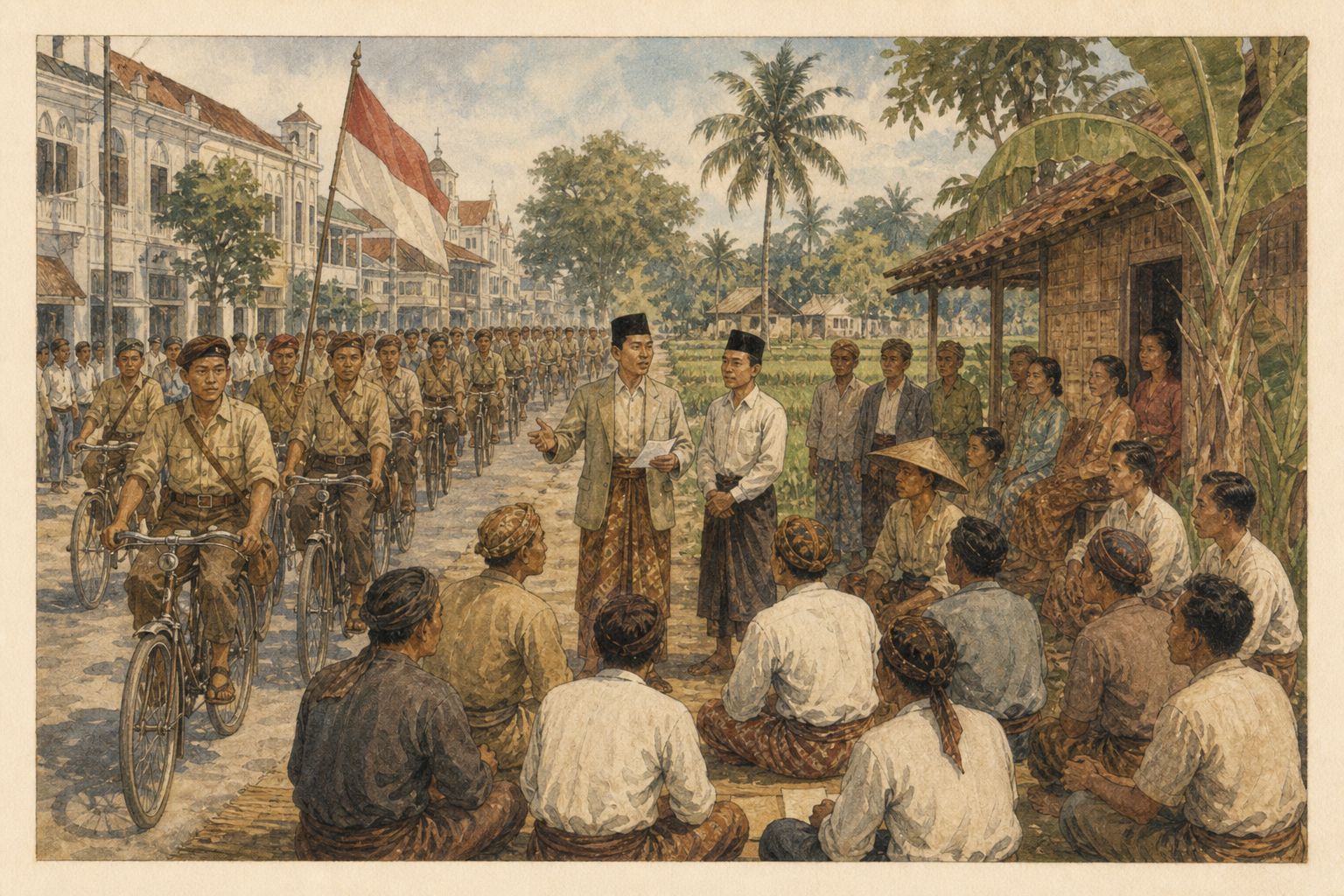 People from a Javanese town and countryside gather before red-and-white flags and bicycle units