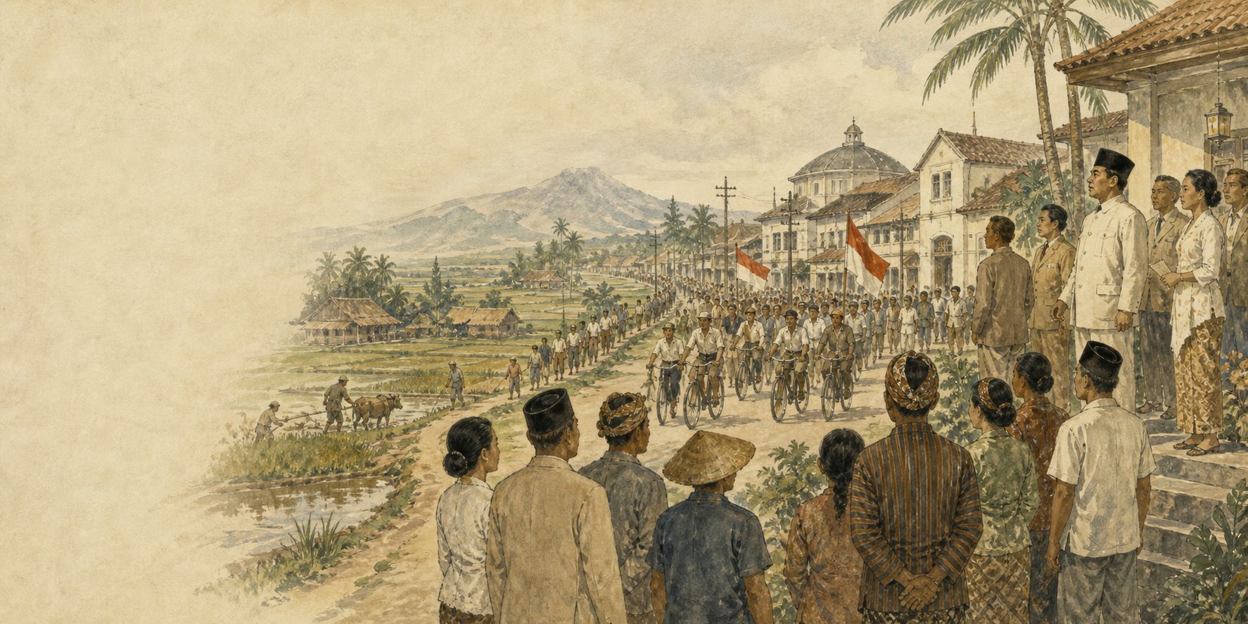 People and bicycle units gather beside red-and-white flags, with a Javanese town and rice fields beneath a mountain