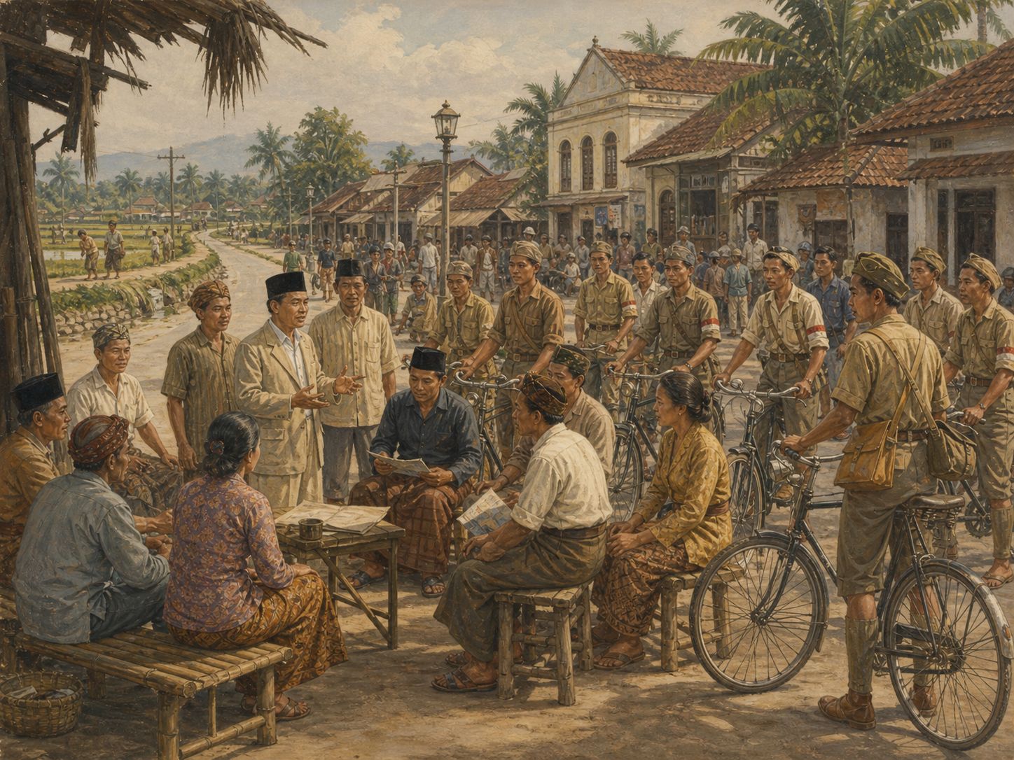 People on bicycles and villagers gather along a colonial-era street in a Javanese settlement