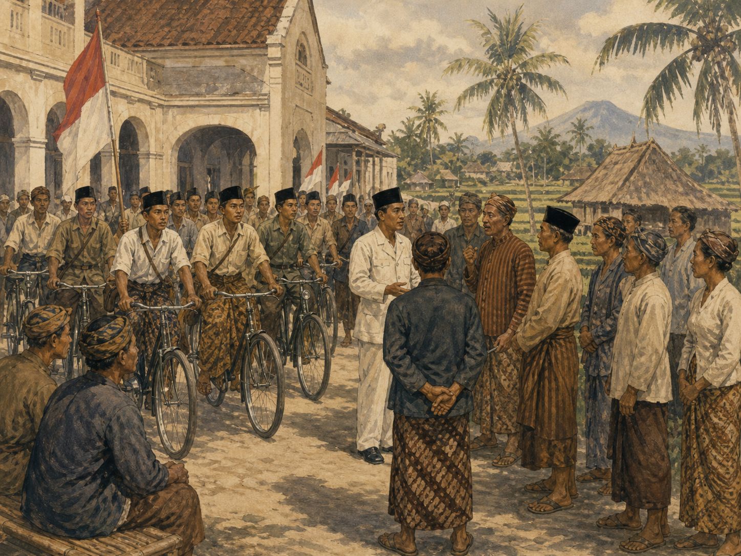 Residents and bicycle units confer beneath red-and-white flags with representatives from a Javanese town and countryside