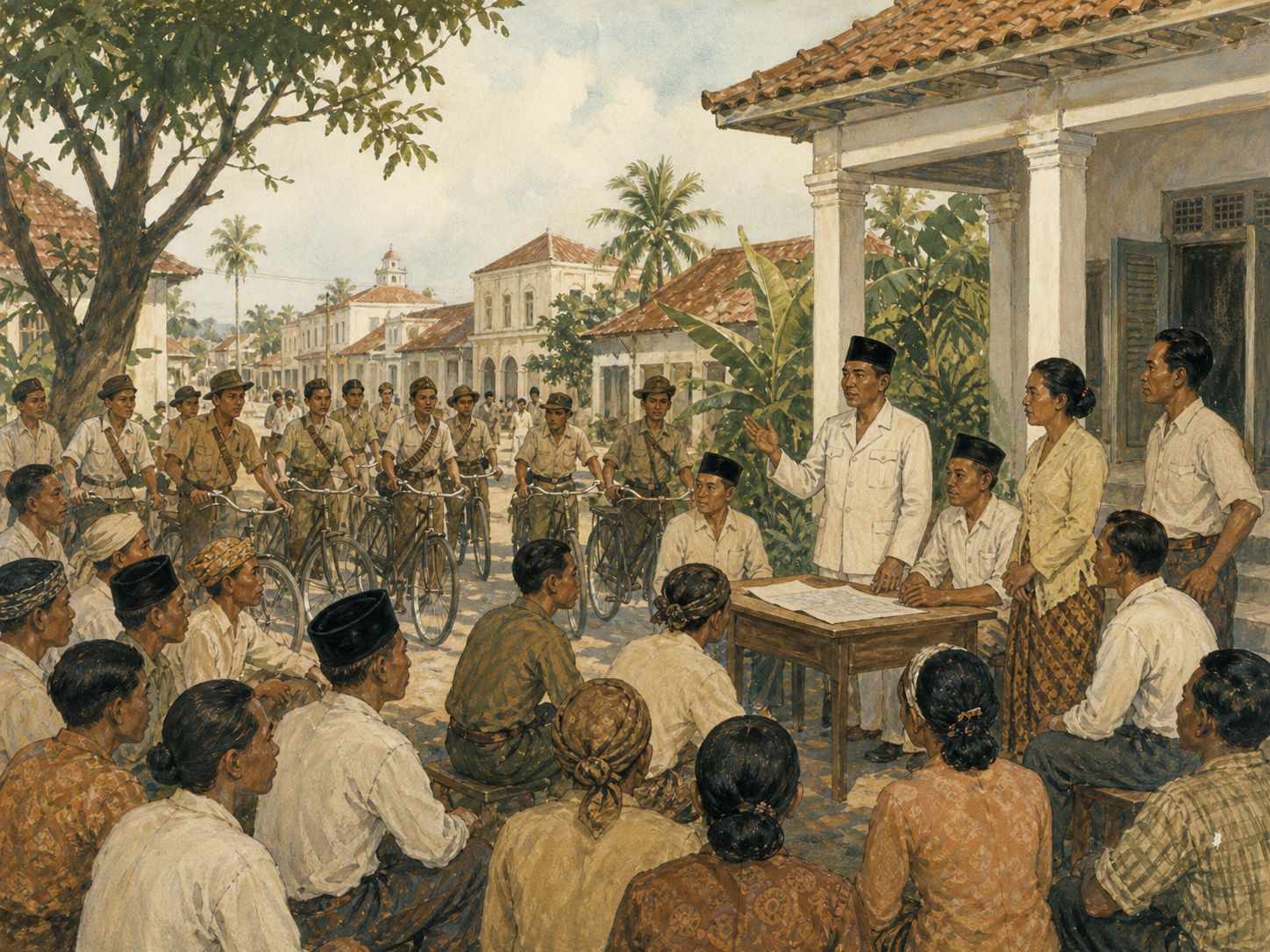 A leader addresses bicycle units and residents on a Javanese street as they organize a new order