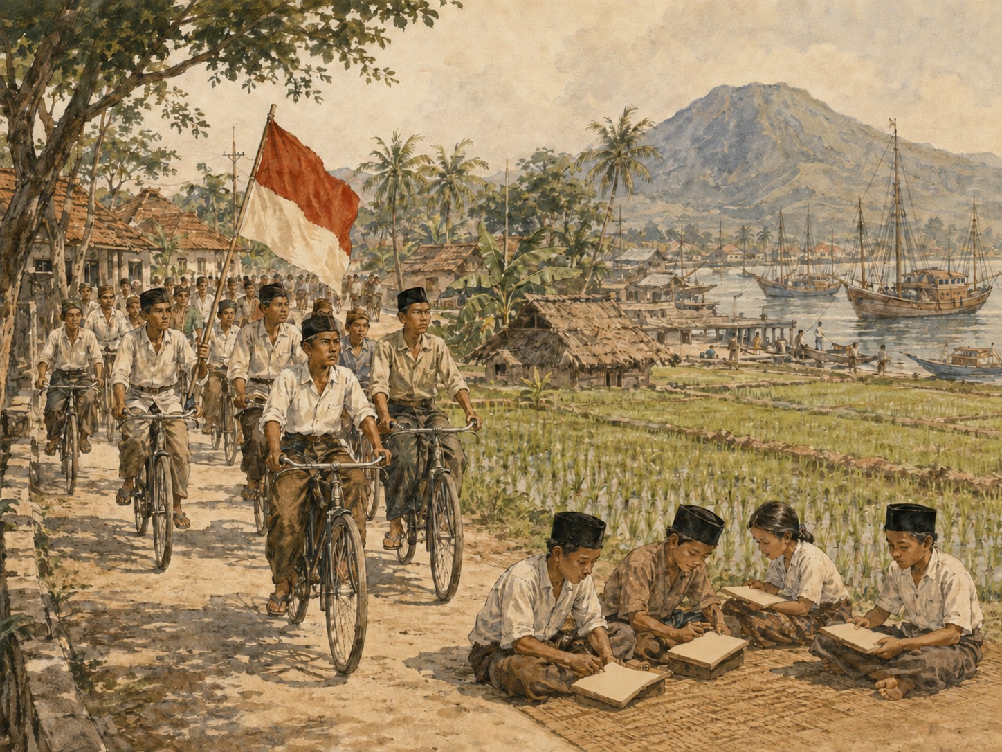 A bicycle procession links town and countryside while children study beside rice fields and a harbor landscape