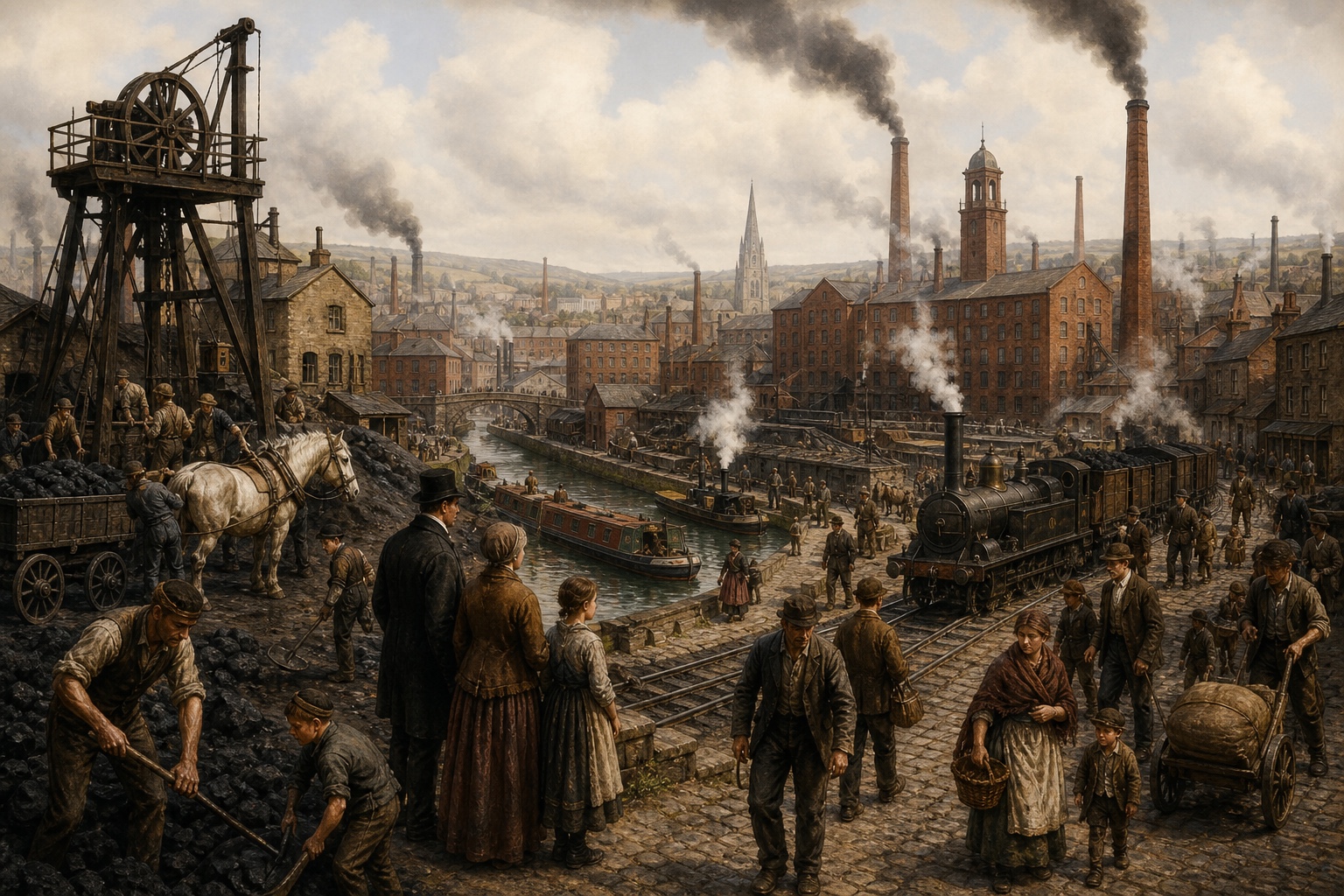 Illustrated reconstruction of workers tending spinning machinery inside a steam-era textile mill