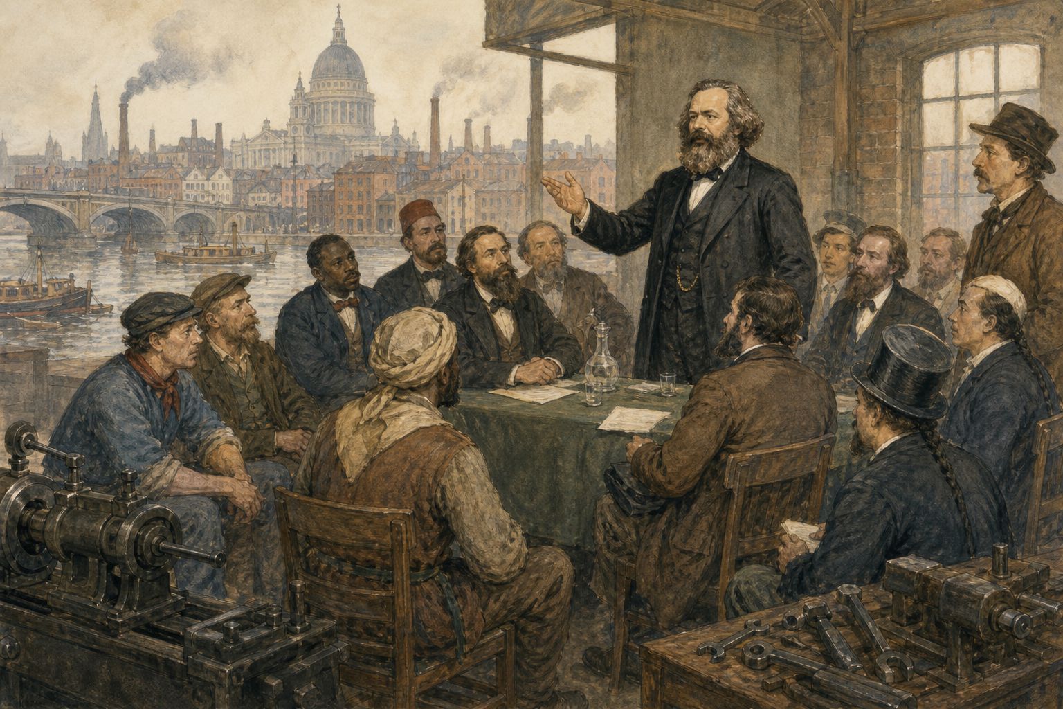Historical reconstruction of “Workers meet during the London Exhibition” in Foundation of the First International