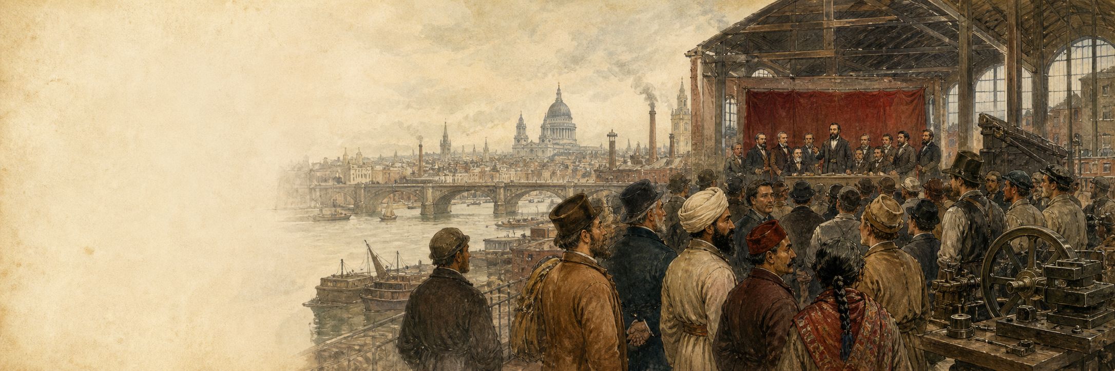 A historical reconstruction of A representative raises a document in a London meeting hall while workers debate solidarity across borders at London, showing the setting of Foundation of the First International