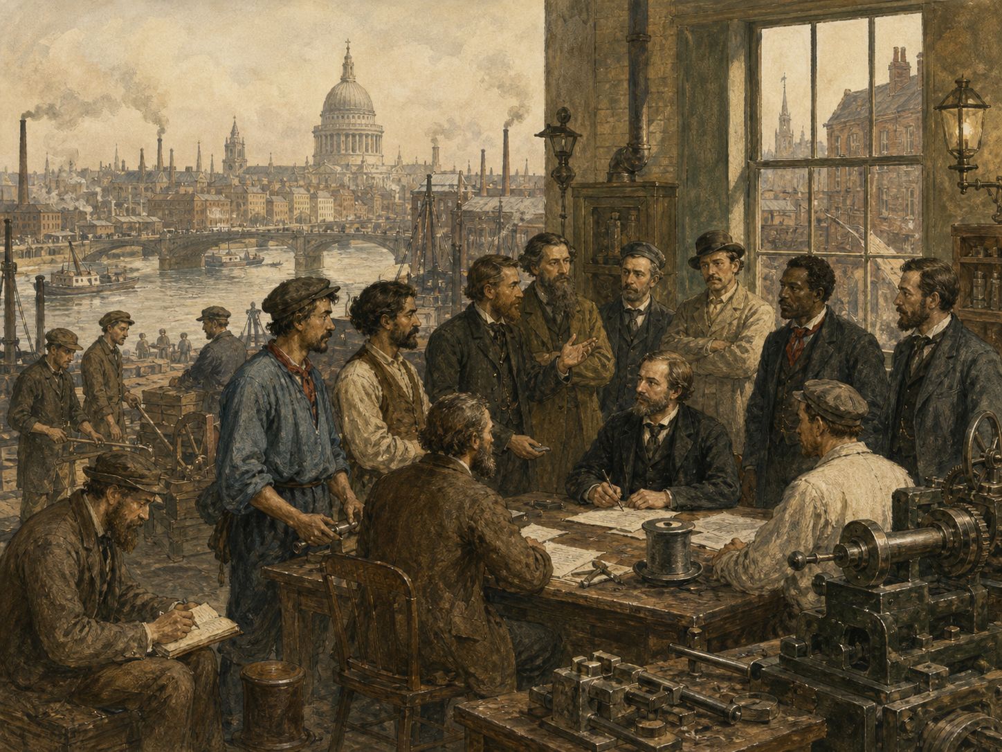Historical reconstruction of Foundation of the First International's background: In and around London, the setting took shape as Workers’ organizations and socialists formed the International Workingmen’s Association to organize labor activism across borders.