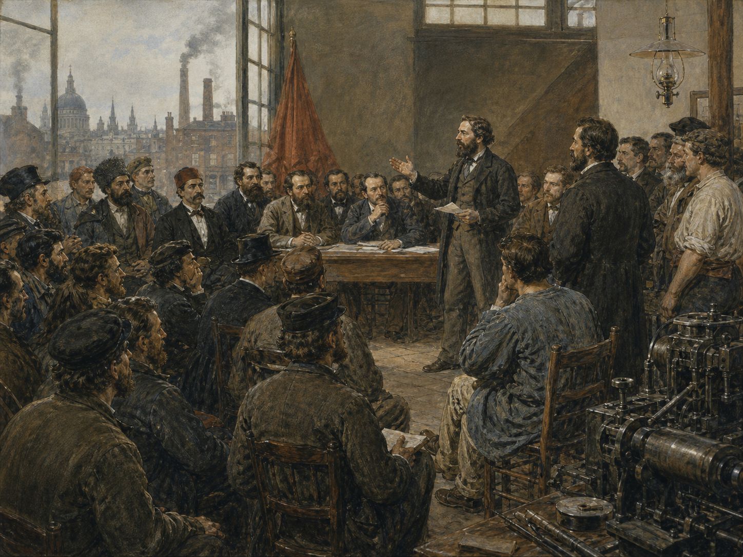 Historical reconstruction of Foundation of the First International's central action: Workers’ organizations and socialists formed the International Workingmen’s Association to organize labor activism across borders.
